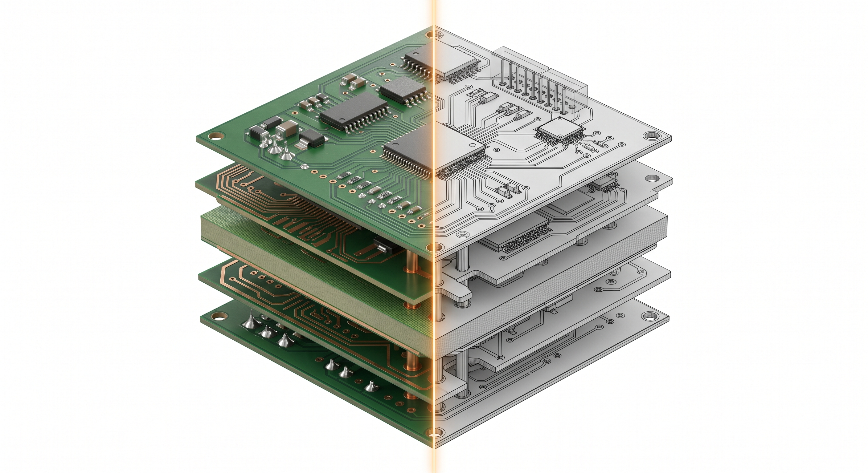 Exploded orthographic render of a printed-circuit-board assembly bisected by a cyber-amber reference axis, showing the correspondence between physical layers and their digital twin