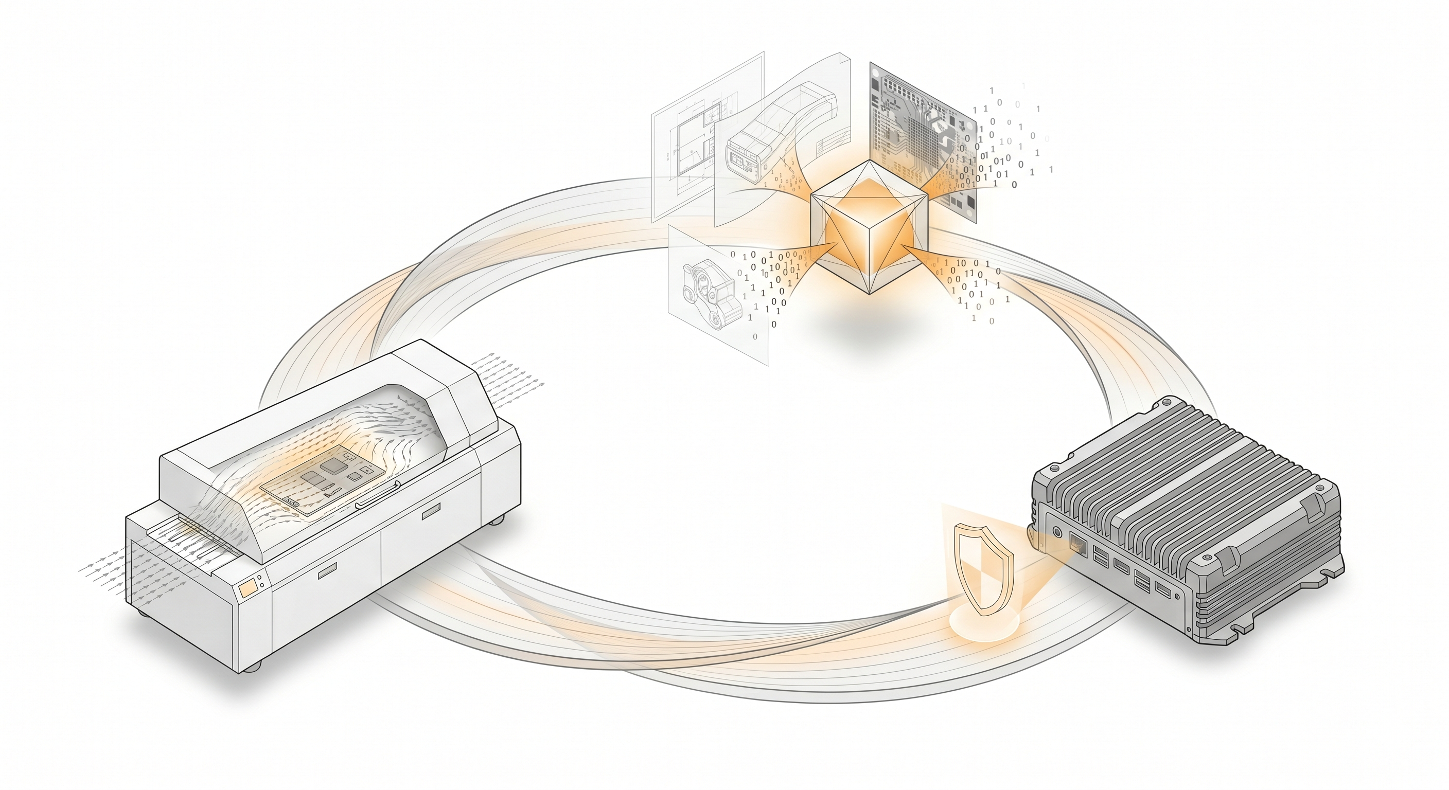 Neural layer architecture condensing into an optical lens assembly that projects a synthetic chip die, rendered as an isometric grayscale schematic