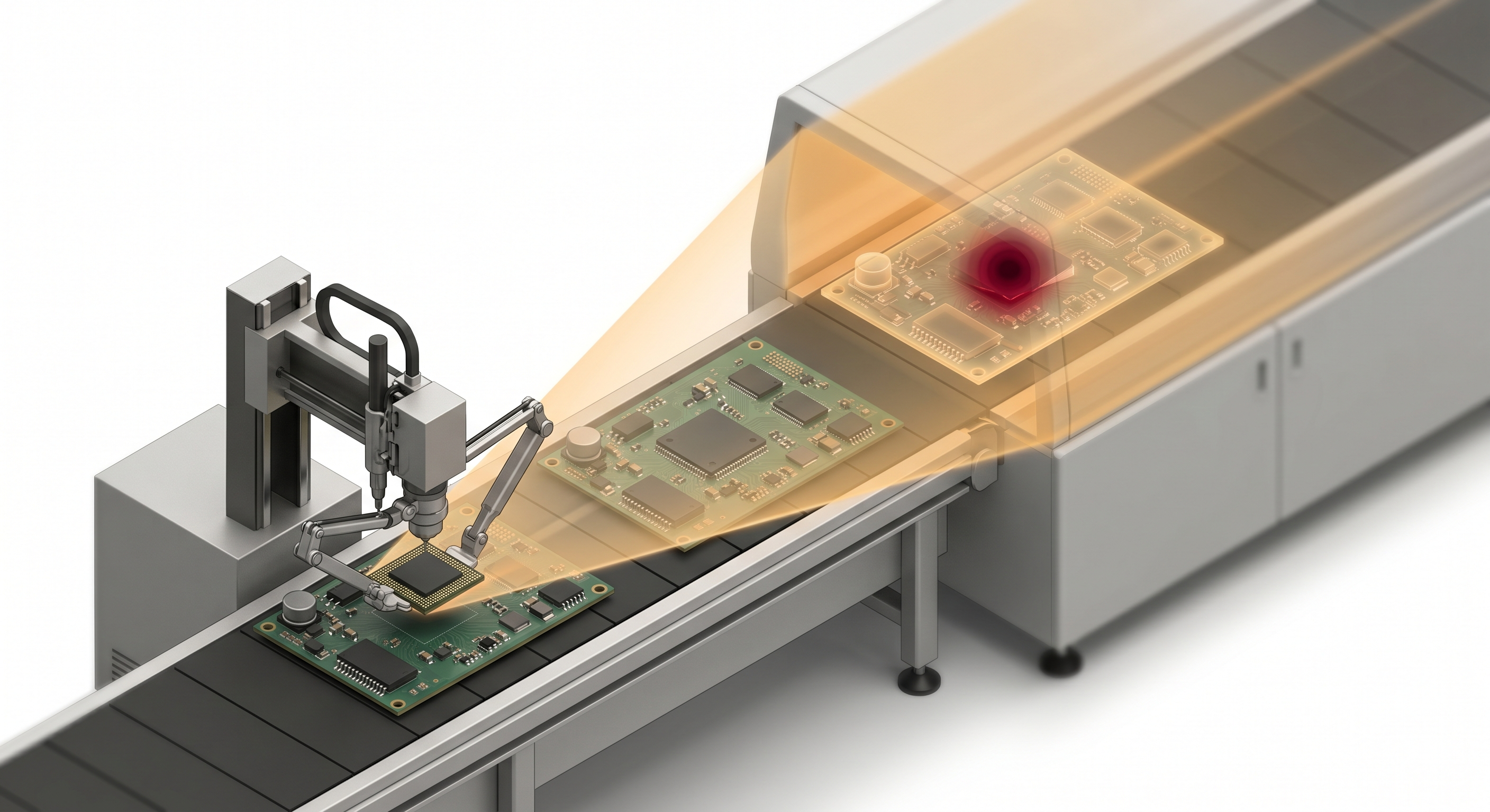 Isometric rendering of a conveyor-line inspection cell with a robotic arm, an amber projection cone forecasting a future station's defect onto the current assembly