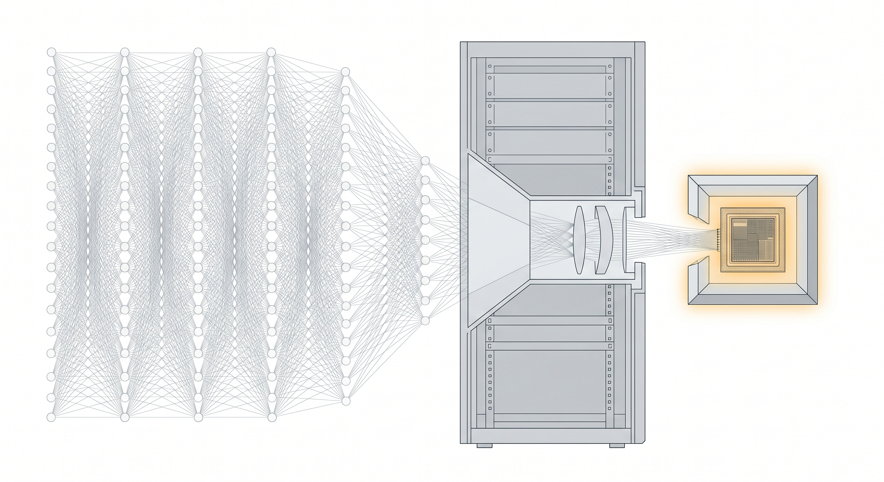 Orthographic illustration of an enterprise reflow oven and a ruggedized edge compute appliance linked by an amber data loop, with a distilled synthetic model cube and a shield motif at the junction