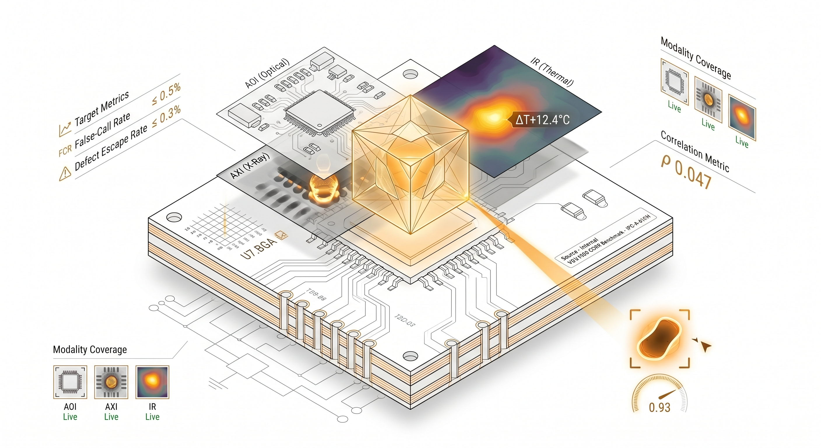 Isometric render of a PCB assembly showing Optical AOI, X-Ray AXI, and Thermal IR modalities converging on a shared amber prism over a U7 BGA site, with target metrics, modality coverage, a correlation metric, and a fusion confidence readout